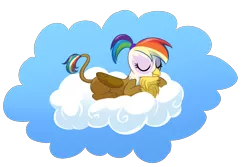 Size: 1500x1000 | Tagged: safe, artist:madmax, derpibooru import, oc, oc:rainbow feather, unofficial characters only, gryphon, cloud, eyes closed, female, interspecies offspring, magical lesbian spawn, offspring, on a cloud, parent:gilda, parent:rainbow dash, parents:gildash, prone, rainbow hair, simple background, sleeping, smiling, solo, transparent background