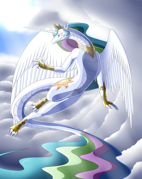 Size: 1421x1790 | Tagged: artist:weirdofish, cloud, cloudy, derpibooru import, dragon, dragonified, dragonlestia, feathered dragon, female, flying, gauntlet, lidded eyes, princess celestia, safe, solo, species swap