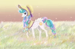 Size: 2286x1497 | Tagged: safe, artist:lueza-35, derpibooru import, princess celestia, alicorn, pony, alternate hairstyle, bonnet, braid, female, grass, hat, looking at you, mare, missing accessory, raised hoof, smiling, solo