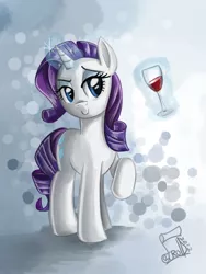 Size: 798x1064 | Tagged: dead source, safe, artist:cainescroll, derpibooru import, rarity, pony, unicorn, abstract background, alcohol, female, glass, magic, mare, raised hoof, solo, toasting, wine, wine glass