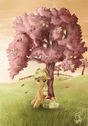 Size: 2267x3216 | Tagged: safe, artist:cainescroll, derpibooru import, applejack, earth pony, pony, the last roundup, bucket, cherry, cherry blossoms, cherry tree, female, floppy ears, flower, flower blossom, high res, homesick, mare, sitting, solo, tree, wind, yellow cherry