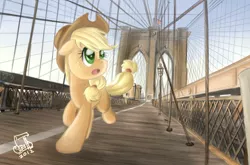 Size: 1261x833 | Tagged: safe, artist:cainescroll, derpibooru import, applejack, earth pony, pony, american flag, bridge, female, flag, floppy ears, mare, running, solo, suspension bridge