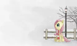 Size: 1366x813 | Tagged: safe, artist:cainescroll, derpibooru import, fluttershy, pegasus, pony, clothes, female, lamppost, looking up, mare, outdoors, profile, scarf, sitting, smiling, snow, snowfall, solo, tree, wallpaper, winter