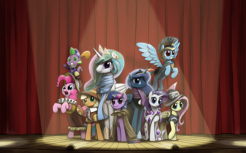 Size: 5000x3125 | Tagged: safe, artist:valcron, derpibooru import, applejack, chancellor puddinghead, clover the clever, commander hurricane, fluttershy, pinkie pie, princess celestia, princess luna, princess platinum, private pansy, rainbow dash, rarity, smart cookie, spike, twilight sparkle, alicorn, dragon, earth pony, pegasus, pony, unicorn, armor, clothes, costume, curtain, female, hat, helmet, male, mane seven, mane six, mare, rearing, ruff (clothing), scarf, spotlight, stage