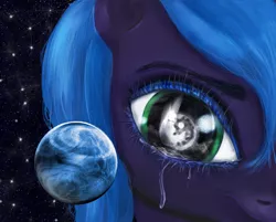 Size: 1122x900 | Tagged: dead source, safe, artist:miradge, derpibooru import, princess luna, alicorn, pony, crying, female, mare, moon, photoshop, planet, pony bigger than a planet, s1 luna, sad, solo