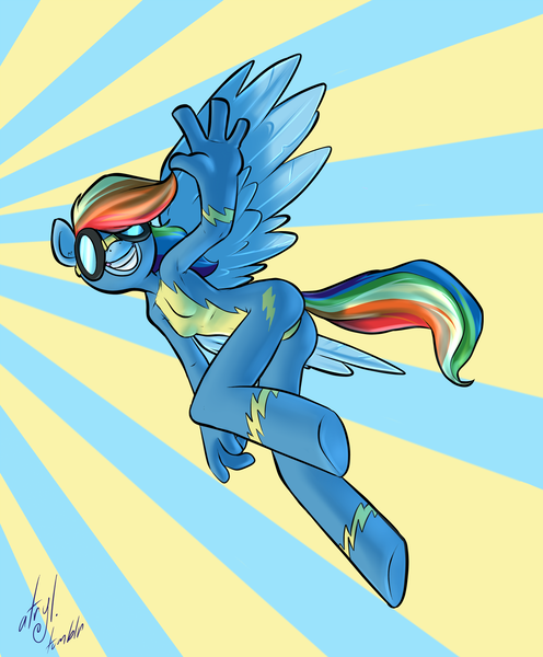 Size: 1200x1453 | Tagged: abstract background, anatomically incorrect, anthro, artist:atryl, ass, clothes, derpibooru import, female, flying, goggles, incorrect leg anatomy, pegasus, rainbow dash, safe, smiling, solo, unguligrade anthro, uniform, waving, wonderbolts uniform