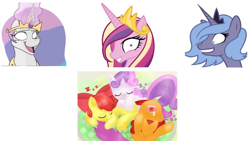 Size: 3728x2096 | Tagged: safe, derpibooru import, apple bloom, princess cadance, princess celestia, princess luna, scootaloo, sweetie belle, alicorn, earth pony, pegasus, pony, unicorn, princess molestia, cutie mark crusaders, decadence, female, filly, high res, lunaughty, mare, princess, s1 luna, sleeping, this will end in tears, zzz