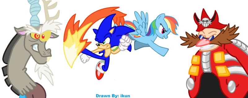 Size: 900x356 | Tagged: safe, artist:ikuntyphoon, derpibooru import, discord, rainbow dash, 20% cooler, crossover, doctor eggman, image, png, sonic the hedgehog, sonic the hedgehog (series)