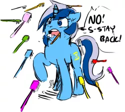 Size: 670x600 | Tagged: artist needed, safe, derpibooru import, minuette, pony, unicorn, brushie, brushing tail, female, image, mare, nightmare, png, raised hoof, solo, toothbrush