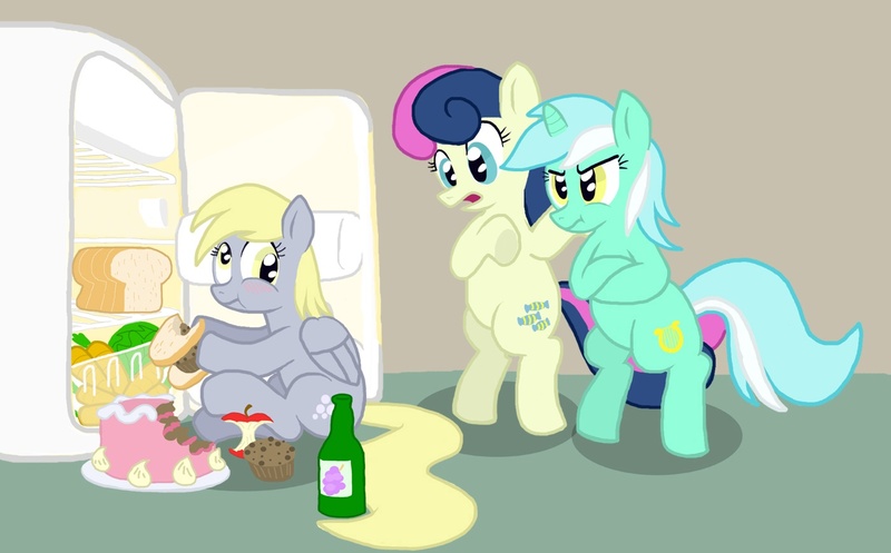 Size: 1400x870 | Tagged: safe, artist:shutterflye, derpibooru import, bon bon, derpy hooves, lyra heartstrings, sweetie drops, earth pony, pegasus, pony, unicorn, bipedal, cake, female, i emptied your fridge, mare, photoshop, refrigerator