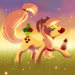 Size: 900x900 | Tagged: safe, artist:jacky-bunny, derpibooru import, applejack, earth pony, pony, apple, balancing, colored pupils, female, grass, lidded eyes, mare, mouth hold, solo, that pony sure does love apples