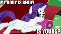 Size: 624x350 | Tagged: safe, derpibooru import, edit, edited screencap, screencap, rarity, pony, unicorn, lesson zero, couch, fainting couch, female, image macro, mare, my body is ready, prone, solo