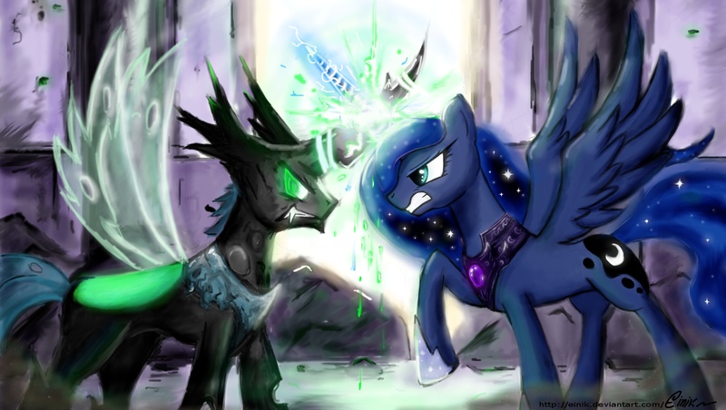 Size: 5896x3334 | Tagged: safe, artist:einik, derpibooru import, princess luna, oc, alicorn, changeling, pony, angry face, changeling king, changeling oc, duo, female, fight, green changeling, horns are touching, mare, sharp teeth, teeth