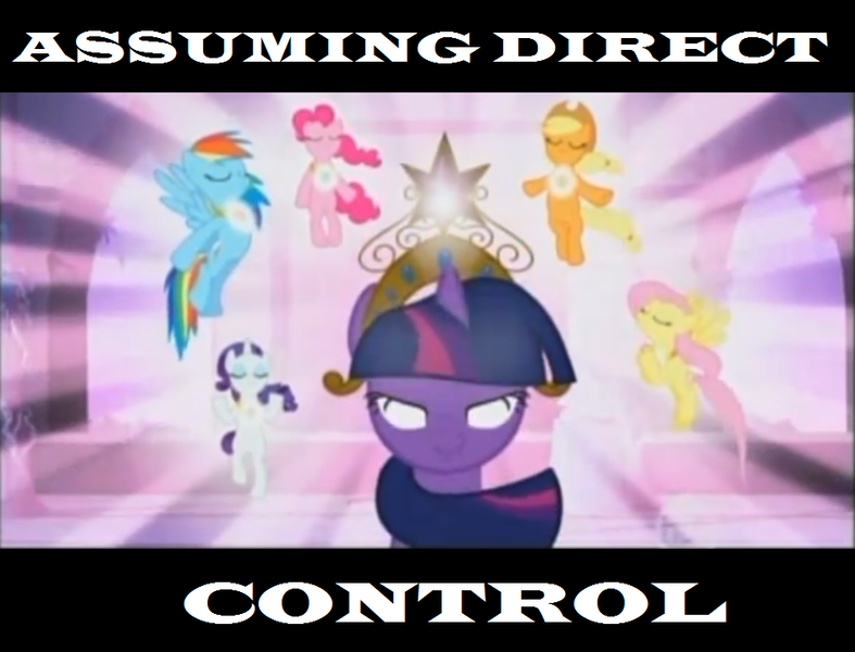 Size: 943x719 | Tagged: safe, derpibooru import, edit, edited screencap, screencap, applejack, fluttershy, pinkie pie, rainbow dash, rarity, twilight sparkle, pony, unicorn, friendship is magic, assuming control, caption, crossover, female, hub logo, image macro, mane six, mare, mass effect, meme, text, the elements in action, unicorn twilight