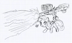 Size: 960x576 | Tagged: safe, artist:hetdegon, derpibooru import, sweetie belle, pony, robot, robot pony, unicorn, black and white, blank flank, female, filly, foal, graph paper, grayscale, gun, hooves, horn, monochrome, open mouth, simple background, solo, sweetie bot, traditional art, weapon, white background