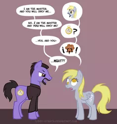 Size: 478x504 | Tagged: safe, artist:lissystrata, derpibooru import, derpy hooves, ponified, earth pony, pegasus, pony, doctor who, duo, exclamation point, female, hypnosis, interrobang, male, mare, master, muffin, photoshop, pictogram, question mark, stallion, the master