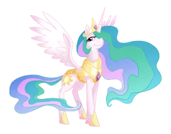 Size: 2800x2200 | Tagged: safe, artist:equestria-prevails, derpibooru import, princess celestia, alicorn, pony, armor, female, hair over one eye, high res, mare, simple background, smiling, solo, spread wings, transparent background, wings