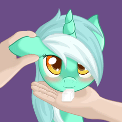 Size: 600x600 | Tagged: safe, artist:ratofdrawn, derpibooru import, lyra heartstrings, human, pony, unicorn, animated, blinking, blushing, cute, daaaaaaaaaaaw, ear scratch, ear twitch, feeding, female, gif, hand, hnnng, licking, lyrabetes, mare, mlem, moe, offscreen character, pov, purple background, silly, simple background, smiling, sugarcube, tongue out, weapons-grade cute