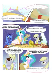 Size: 1250x1769 | Tagged: safe, artist:equestria-prevails, derpibooru import, derpy hooves, princess celestia, princess luna, alicorn, pegasus, pony, comic, eyepatch, female, food, general derpy, map, mare, s1 luna, sandwich, tent