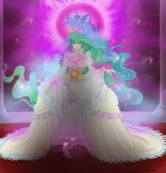Size: 1899x1984 | Tagged: artist:sparkly-monster, clothes, derpibooru import, dress, female, glow, human, humanized, princess celestia, safe, solo