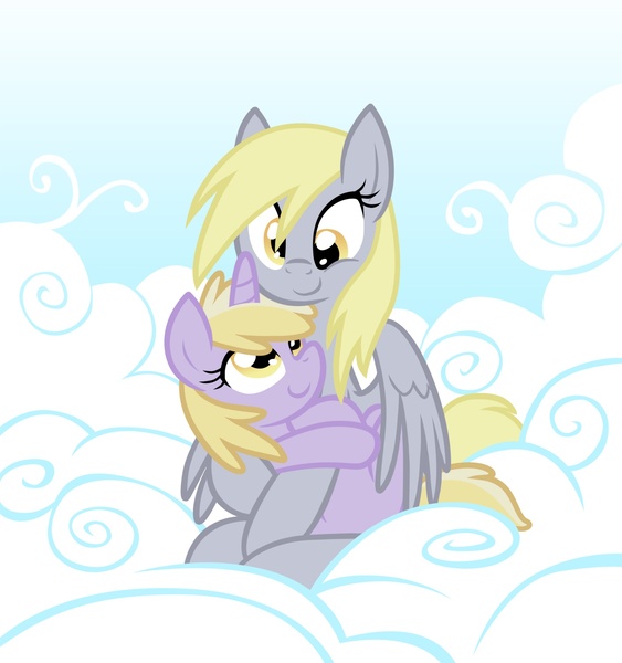 Size: 1750x1866 | Tagged: safe, artist:equestria-prevails, derpibooru import, derpy hooves, dinky hooves, pegasus, pony, unicorn, cloud, cloudy, cute, derpabetes, dinkabetes, duo, duo female, equestria's best daughter, equestria's best mother, female, filly, hug, mare, mother and daughter