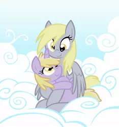Size: 1750x1866 | Tagged: safe, artist:equestria-prevails, derpibooru import, derpy hooves, dinky hooves, pegasus, pony, unicorn, cloud, cloudy, cute, derpabetes, dinkabetes, duo, duo female, equestria's best daughter, equestria's best mother, female, filly, hug, mare, mother and daughter