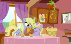 Size: 1680x1050 | Tagged: safe, artist:equestria-prevails, derpibooru import, derpy hooves, dinky hooves, pegasus, pony, unicorn, duo, duo female, equestria's best mother, female, filly, kitchen, mare, mouth hold, muffin, syrup