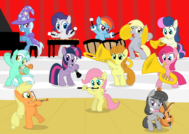 Size: 1016x720 | Tagged: safe, artist:shutterflye, derpibooru import, applejack, bon bon, carrot top, derpy hooves, fluttershy, golden harvest, lyra heartstrings, octavia melody, pinkie pie, rainbow dash, rarity, sweetie drops, trixie, twilight sparkle, earth pony, pegasus, pony, unicorn, band, bow (instrument), cello, cello bow, clarinet, concert, cymbals, dexterous hooves, drums, equestrian fillyharmonic, female, filly, flute, foal, lyre, mane six, musical instrument, orchestra, piano, timpani, trombone, trumpet, tuba, unicorn twilight, violin, violin bow, xylophone, younger