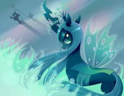 Size: 825x638 | Tagged: safe, artist:misteelala, derpibooru import, queen chrysalis, changeling, changeling queen, female, image, jpeg, lidded eyes, looking back, magic, signature