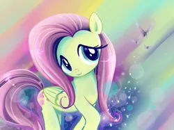 Size: 927x695 | Tagged: safe, artist:misteelala, derpibooru import, fluttershy, butterfly, pegasus, pony, abstract background, female, mare, solo