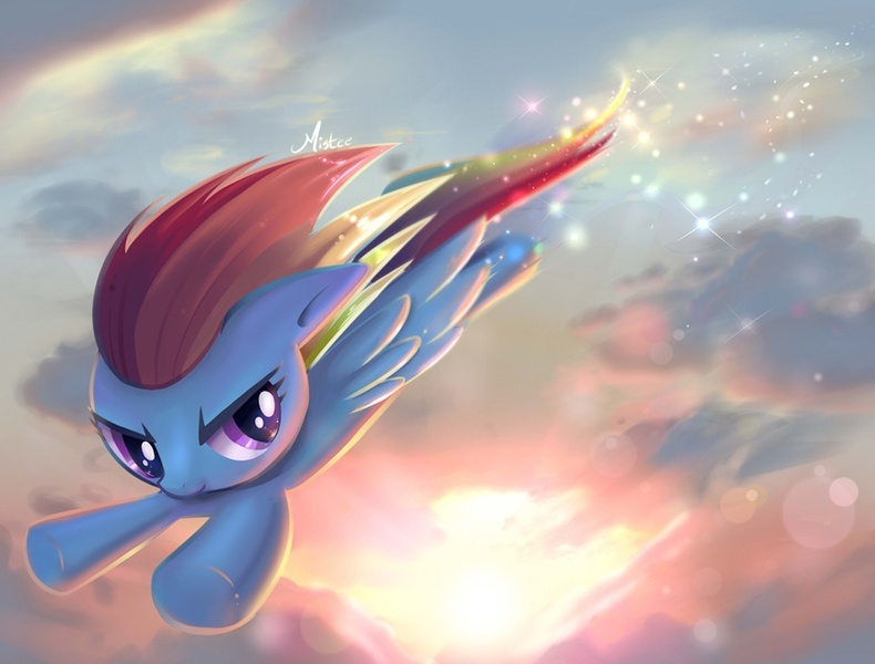 Size: 910x691 | Tagged: safe, artist:misteelala, derpibooru import, rainbow dash, pegasus, pony, cloud, fast, female, flying, mare, sky, solo