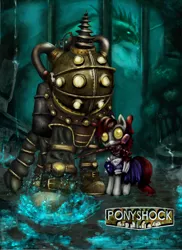 Size: 1100x1511 | Tagged: semi-grimdark, artist:eternal-equilibrium, artist:miradge, derpibooru import, ponified, pony, big daddy, bioshock, colored, crossover, duo, little sister, photoshop