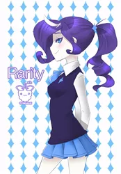 Size: 486x700 | Tagged: abstract background, artist:framboosi, blushing, clothes, cute, derpibooru import, female, human, humanized, pony coloring, ponytail, profile, raribetes, rarity, safe, skirt, solo