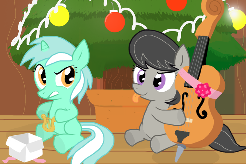 Size: 875x584 | Tagged: safe, artist:shutterflye, derpibooru import, lyra heartstrings, octavia melody, earth pony, pony, unicorn, cello, christmas, duo, duo female, female, filly, foal, lyre, musical instrument, sitting, tongue out, younger