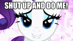 Size: 620x349 | Tagged: safe, derpibooru import, edit, edited screencap, screencap, rarity, pony, unicorn, female, image macro, looking at you, mare, solo