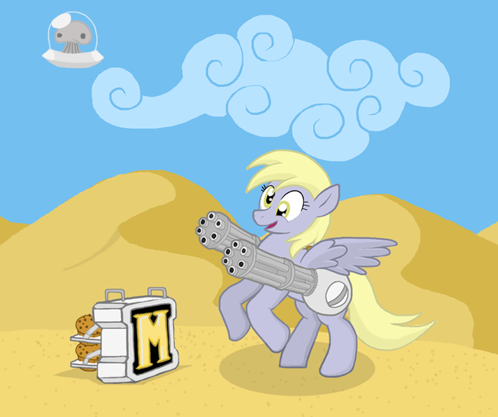 Size: 891x747 | Tagged: safe, artist:shutterflye, derpibooru import, derpy hooves, pegasus, pony, chaingun, crossover, female, mare, mars people, metal slug, muffin, weapon