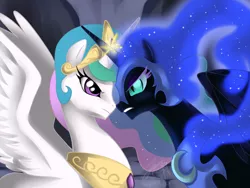 Size: 1024x768 | Tagged: dead source, safe, artist:cat-cly, derpibooru import, nightmare moon, princess celestia, alicorn, pony, duo, duo female, eye contact, female, horns are touching, looking at each other, mare