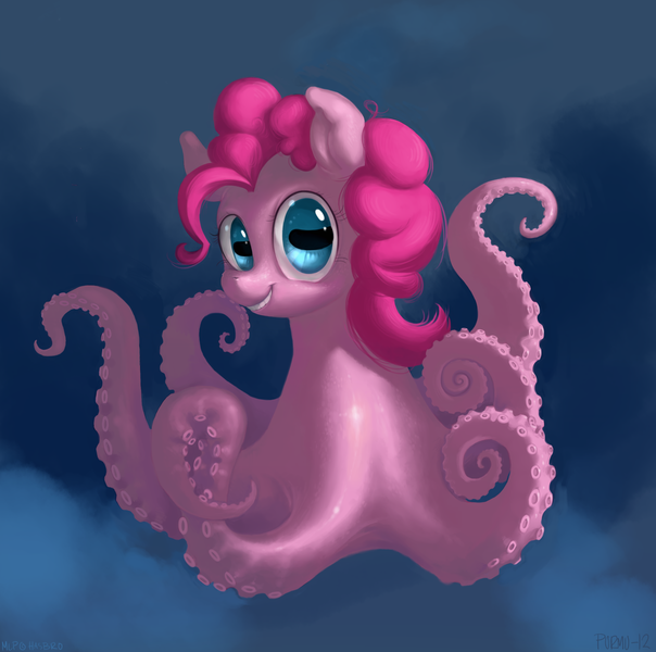 Size: 2365x2350 | Tagged: artist:purmu, creepy, derpibooru import, female, grin, high res, looking at you, maybe salmon, monster pony, ocean, octo pie, octopony, octopus, original species, pinkie pie, safe, smiling, solo, species swap, underwater