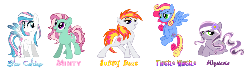 Size: 6431x1800 | Tagged: safe, artist:pinkanon, derpibooru import, minty, star catcher, sunny daze (g3), thistle whistle, wysteria, earth pony, pegasus, pony, female, g3, g3 to g4, generation leap, mare