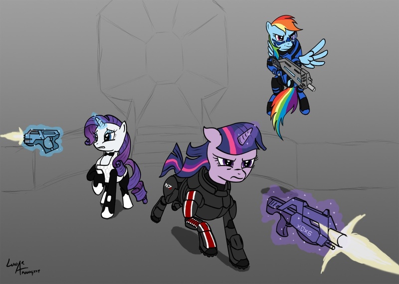 Size: 1200x855 | Tagged: safe, artist:lunarapologist, derpibooru import, rainbow dash, rarity, twilight sparkle, pegasus, pony, unicorn, armor, commander shepard, crossover, female, flying, garrus vakarian, gun, magic, magic aura, mare, mass effect, miranda lawson, n7, n7 armor, parody, photoshop, shooting, trio, trio female, unicorn twilight, who needs trigger fingers