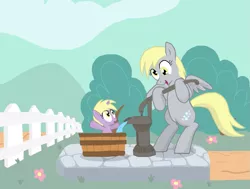 Size: 925x700 | Tagged: safe, artist:shutterflye, derpibooru import, derpy hooves, dinky hooves, pegasus, pony, unicorn, adventures in happy, bath, cute, derpabetes, dinkabetes, equestria's best mother, female, fence, filly, mare, mother and daughter, pump