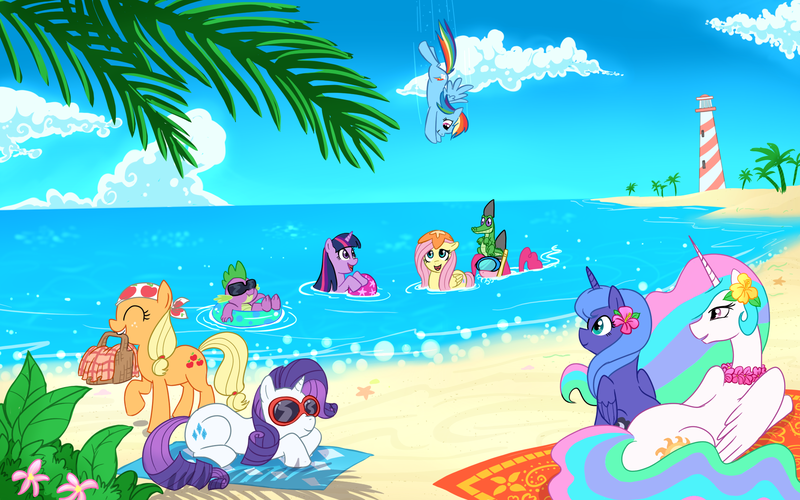 Size: 1920x1200 | Tagged: safe, artist:madmax, derpibooru import, applejack, fluttershy, gummy, pinkie pie, princess celestia, princess luna, rainbow dash, rarity, spike, twilight sparkle, alicorn, dragon, duck pony, earth pony, pegasus, pony, unicorn, basket, beach, beach ball, female, flower, flower in hair, flutterduck, inner tube, lighthouse, male, mane seven, mane six, mare, mouth hold, ocean, picnic basket, prone, s1 luna, shark fin, snorkel, sunglasses, water