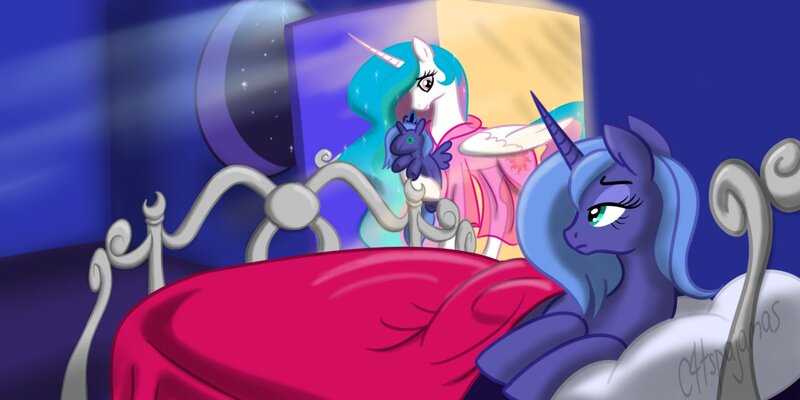 Size: 1280x640 | Tagged: safe, artist:calicopikachu, derpibooru import, princess celestia, princess luna, alicorn, pony, bed, clothes, duo, fanfic art, female, mare, nightgown, pajamas, plushie, s1 luna, side