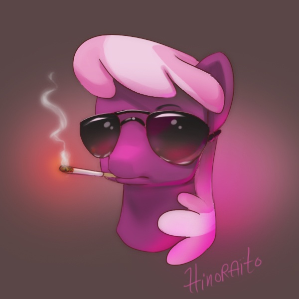 Size: 600x600 | Tagged: safe, artist:hinoraito, derpibooru import, cheerilee, earth pony, pony, cigarette, female, glasses, gradient background, mare, smoking, solo, sunglasses