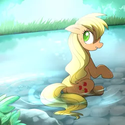 Size: 1000x1000 | Tagged: safe, artist:madmax, derpibooru import, applejack, earth pony, pony, colored pupils, cutie mark, female, grass, hatless, looking back, loose hair, mare, missing accessory, pond, sitting, solo, tree, water, wet mane