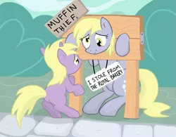 Size: 825x645 | Tagged: safe, artist:shutterflye, derpibooru import, derpy hooves, dinky hooves, pegasus, pony, unicorn, blushing, criminal, criminal scum, female, filly, frown, grin, mare, muffin, muffin thief, pony shaming, punishment, sad, smiling, stocks, that pony sure does love muffins, thief