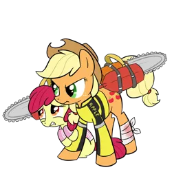 Size: 1000x1000 | Tagged: safe, artist:madmax, derpibooru import, apple bloom, applejack, earth pony, pony, chainsaw, chuck greene, clothes, crossover, dead rising, dead rising 2, duo, female, filly, katey greene, mare, paddle, simple background, transparent background