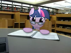 Size: 2592x1936 | Tagged: safe, artist:shadyhorseman, derpibooru import, twilight sparkle, pony, unicorn, bookshelf, female, glasses, irl, library, looking at you, mare, notebook, photo, ponies in real life, smiling, solo, table, vector
