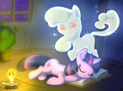 Size: 1490x1104 | Tagged: safe, artist:madmax, derpibooru import, twilight sparkle, oc, oc:yellowstar, ghost, ghost pony, pony, unicorn, fanfic:the star in yellow, book, candle, duo, duo female, female, mare, night, sleeping