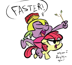 Size: 770x700 | Tagged: safe, artist:tess, derpibooru import, apple bloom, spike, dragon, earth pony, pony, colored, confused, dragons riding ponies, duo, female, filly, floppy ears, male, riding, simple background, transparent background